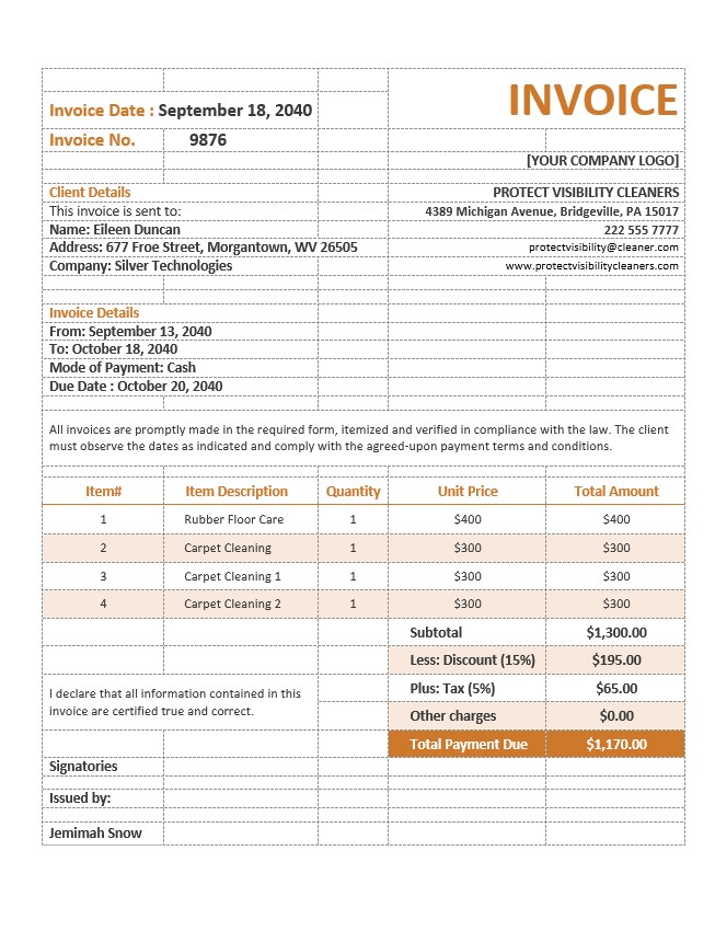 Cleaning Service Invoice Form Template PSD template